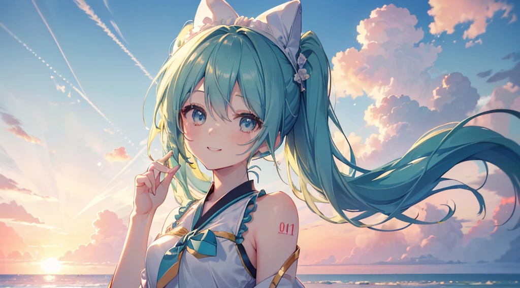 (((Highest quality、masterpiece、Ultra-fine、Ultra-fine、Bun Hair Up,Green Hair,Exquisite、16K、Look up,The best smile,Full HD、,Hatsune Miku,))),( ((summer,White casual clothes,)))Blue Eyes、Long eyelashes、White skin、(Pale pink lips、Pale pink cheeks、thin and long)、 (((cute,The best smile)), ((One person)) 、(blue sky)) 、 (The golden sunset on the beach, a beautiful gradation that colors the sky)、