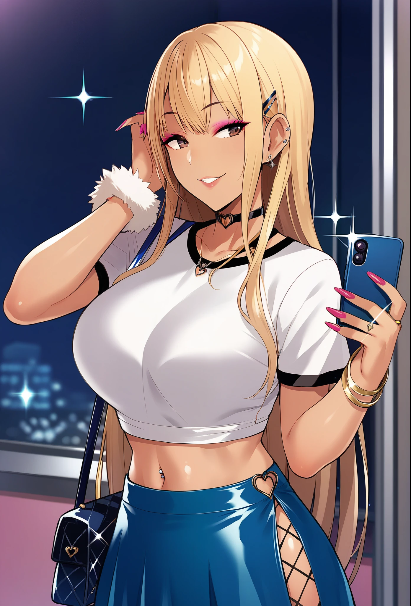 Score_9, score_8_up, score_7_up, score_6_up, source_anime, rating:general, 1girl, slutty_clothes, makeup, 1girl, solo, kiryuuin_satsuki, dark-skinned female, blonde hair, dark skin, phone, jewelry, sunglasses, earrings, long hair, crop top, handbag, very long hair, hair ornament, midriff, choker, makeup, bracelet, navel piercing, miniskirt, piercing, hairclip, necklace, ring, looking to the side, brown eyes, smile, sparkle, cowboy shot, cropped shirt, blue skirt, fur trim, alternate costume, short sleeves, forehead, white shirt, standing, gyaru, glasses, fishnets, ear piercing, tattoo, fur-trimmed skirt, eyeshadow, parted lips