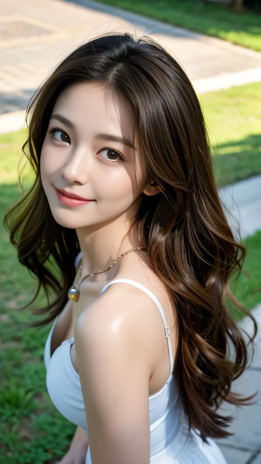 seed:381696201,((from above:1.2))、((Highest quality, 8k, masterpiece: 1.3)), concentrated: 1.2, Cute girl 1,Nipples erect、 Perfect beauty: 1.4,one piece、Randall Color:1.1, Highly detailed face and skin textures, Fine grain, double eyelid, whitening skin, ,Highest quality,Ultra-high resolution,you,1 girl,alone,_Shiny_skin,Iris,necklace,((brown_length_Wavy_hair)),(lips)),eyelash,Front hair,deal with,compensate,Shiny,pore,skin texture,Large Breasts、smiling face、Walking in the park、