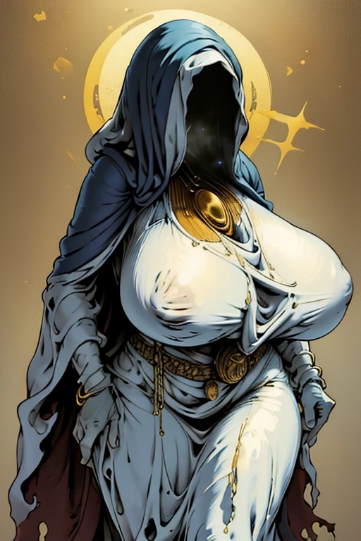 (best quality), (masterpiece), 1 girl, early 20's, huge heavy breasts, busty, massive breasts, thick, thick lips, wide hips, thin waist, g0s1, white torn cloak, hidden face, faceless, hood, walking toward viewer, decorated with gold chains