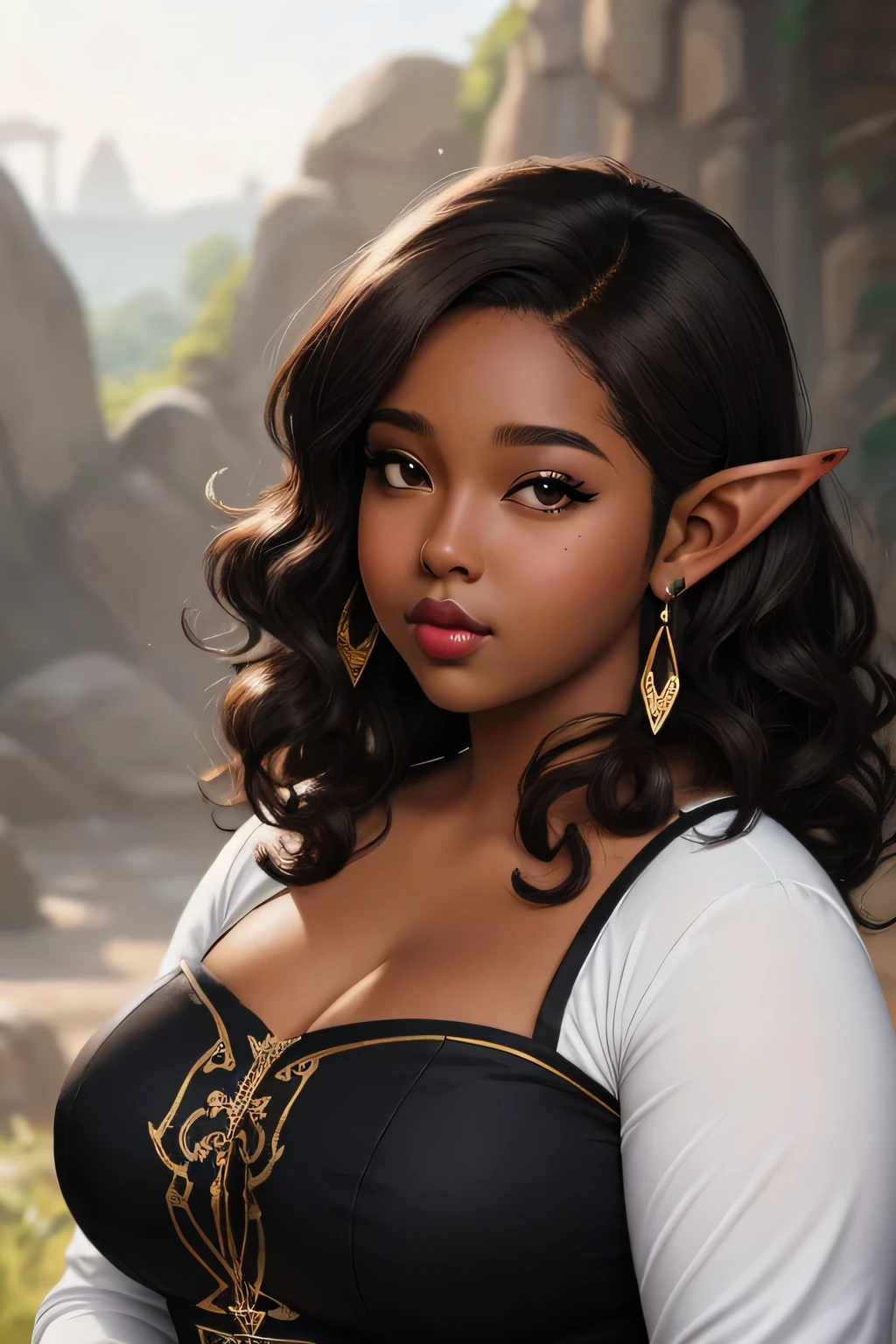 Anime illustration semi-realistic of dark brown skin latina girl, 25 year old, plus size, curvy, overweight, black eyes, black curly hair, big lips, anime, sleek design, elf ears, brown skin, dark skin, sideswept hairstyle, round face, fantasy clothing,