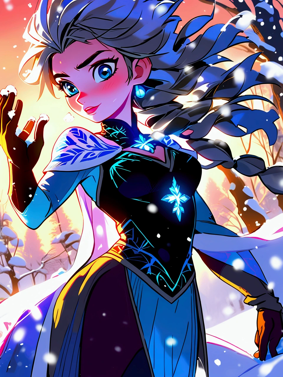 Anime artwork. Elsa from Frozen, standing in the snow.