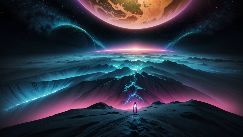 Create a surrealistic image of an alien planet with stunning, psychedelic scenery. The planet must have a surface of vibrant colors and strange patterns, like a terrain with iridescent colors and abstract shapes. in the sky, instead of ordinary stars, include psychedelic lights that glow in intense colors and kaleidoscopic patterns, creating a sense of movement and depth. Adicione elementos surreais, like floating mountains, exotic vegetation that glows with neon hues and a hazy atmosphere with colors that blend together. The scene should convey a sense of wonder and mystery, as if the viewer is exploring a world beyond imagination