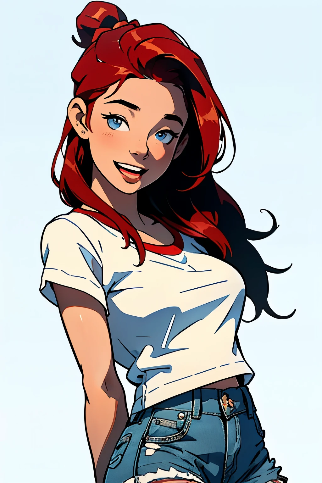masterpiece, best quality, close up,1girl,the highest image quality, 21-year-old woman, looks like Olivia Dunne, bright red hair, blue eyes, wearing a white graphic tee and denim shorts, laughing, large breasts, White background, empty background,