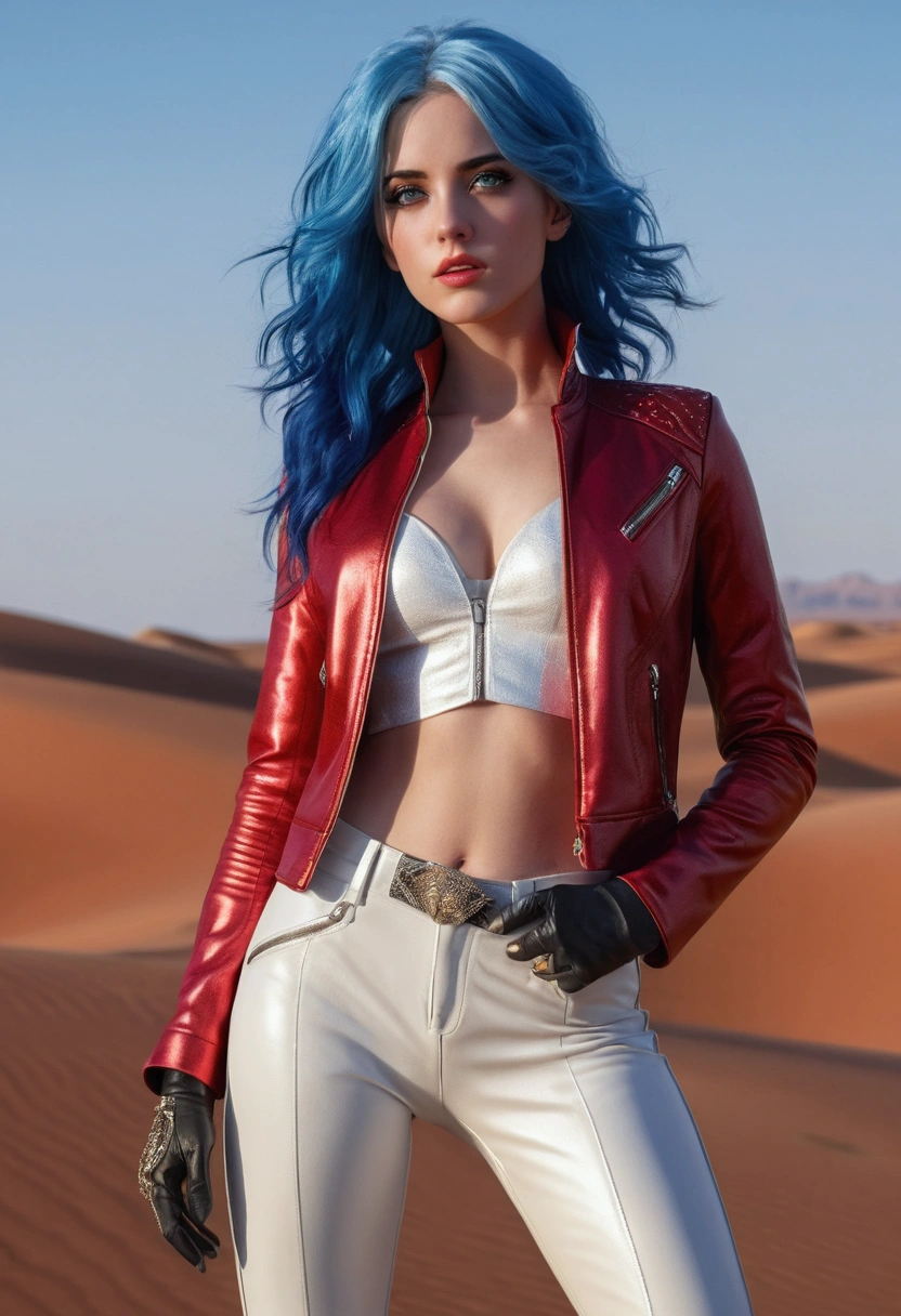 a beautiful young woman with blue hair, 1.75 meters tall, blue eyes, wearing a metallic red jacket, white leather pants, and boots, standing full body in a desert, seductive expression, beautiful detailed eyes, beautiful detailed lips, extremely detailed eyes and face, long eyelashes, photorealistic, 8k, highly detailed, masterpiece, cinematic lighting, dramatic color palette