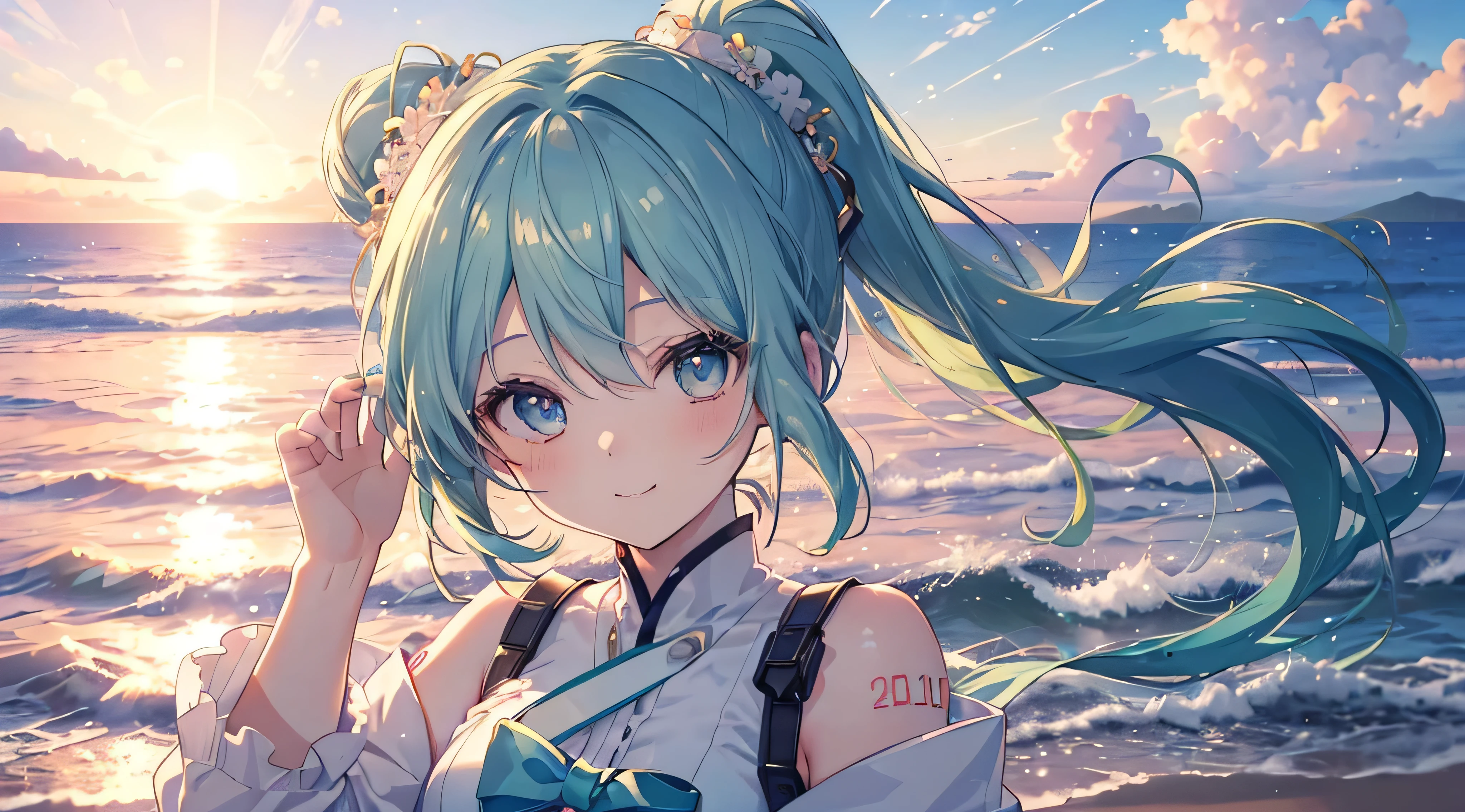 (((Highest quality、masterpiece、Ultra-fine、Ultra-fine、Bun Hair Up,Green Hair,Exquisite、16K、Look up,The best smile,Full HD、,Hatsune Miku,))),( ((summer,White casual clothes,)))Blue Eyes、Long eyelashes、White skin、(Pale pink lips、Pale pink cheeks、thin and long)、 (((cute,The best smile)), ((One person)) 、(blue sky)) 、 (The golden sunset on the beach, a beautiful gradation that colors the sky)、