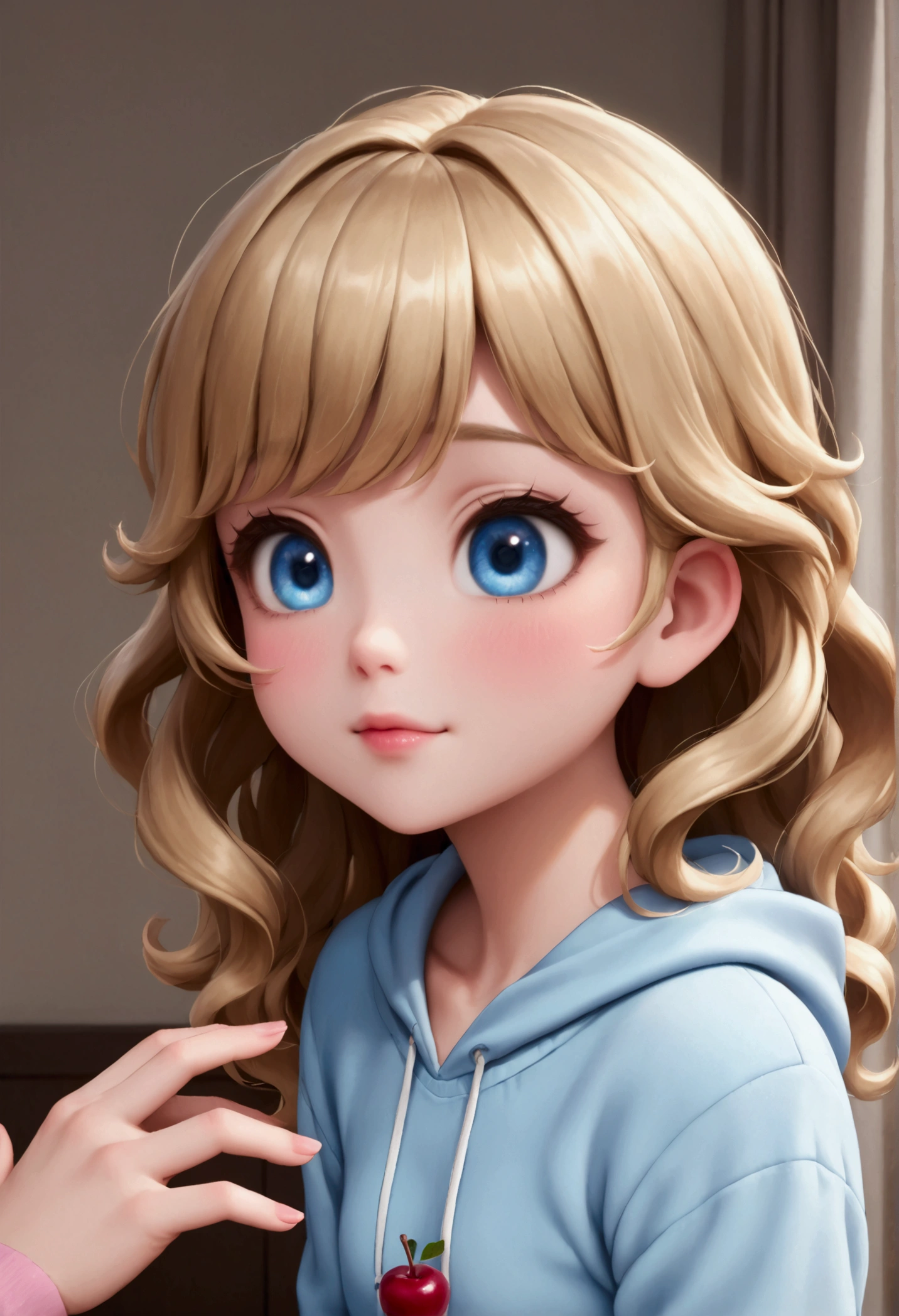 A lively looking 5 year old girl sees cherries in a cherry field. She is a nice girl. He has big eyes and a young face. She has wavy blonde hair with bangs and pretty blue eyes. His cheeks are flushed. She wears a light pink hoodie with a light blue sweater inside with the words cherry. return shot