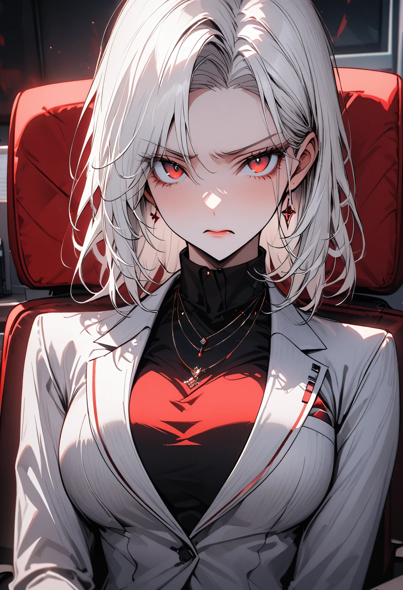 solo female, short white hair, red eyes, stern expression, large breasts, female ceo, office, futuristic, simple elegance, elegant clothes, conservative business suit, necklace, broad shoulders, fit, close up, sitting, plush red office chair