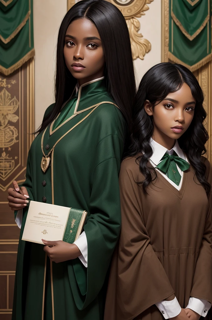 Brown skin color big black hair and slim with Slytherin house decoration and background