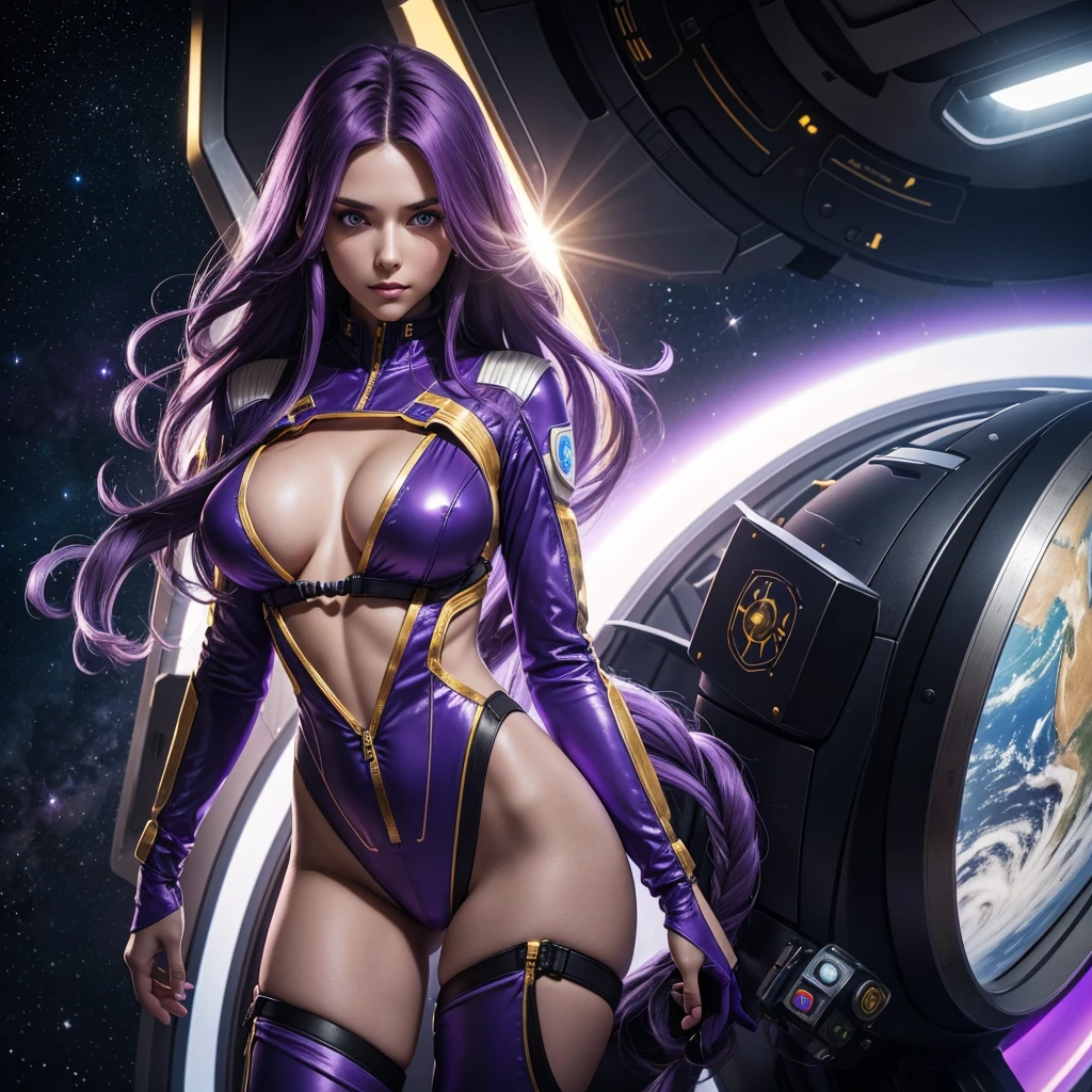 Angelina Jolie (age 25, giga busty, huge breasts, sexy violet clear plastic space suit, thruster pack, bubble dome, big laser rifle) is a scout in an asteroid field, attacked by fembots of the opposing faction (silver and red color scheme). Show the fire fight. Intense action. Angelina takes cover. fembots explode, epic battle in space, laser fire, explosions, show the battle