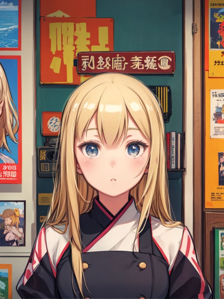 high resolution、Ultra-detailed、Blonde girl、居心地の良い昔ながらのRetroフューチャーなキャンディーとソーダパーラー、Analog Style、Vintage effect、Retro、Pop Art、Poster
