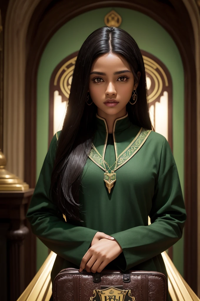 Brown skin color black hair big and thin with Slytherin house decor and background just a girl