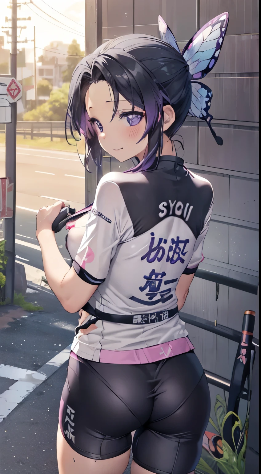 ((((nsfw)))), Nipples, kochou shinobu, (((((Road bike))))), (((Cycling Shorts, Cycling shirts))), (((((bicycleに乗る))))), ((((((Road bikeに跨る)))))), , whole body, boost mood, Ultra-realistic 8K CG,masterpiece,, ((Highly detailed background,Delicate pattern,Intricate details, Fine and beautiful eyes)),The best quality in the best condition,とてもとてもとても詳細なface, Highly detailed eyesとface,Highly detailed eyes,kochou shinobu,Multicolored Hair,No bangs,Hair Intake,, Purple eyes,,butterfly,band,(熱band庭園:1.2),Purple Flower,mostly cloudy null,Tyndall effect,slope_null,face,beautiful null,,Seductive posture,(Cleavage:1.3), woman,15 years old,Road bike,No underwear, cute, (((Cycling Shorts))),,Laughing with your mouth open, ((Sweat))(See through),((bicycle)),((Black Hair)),blush,((Recall))(Sweatで濡れた)Reflecting the buttocks,bicycleのスパッツ, Mountain