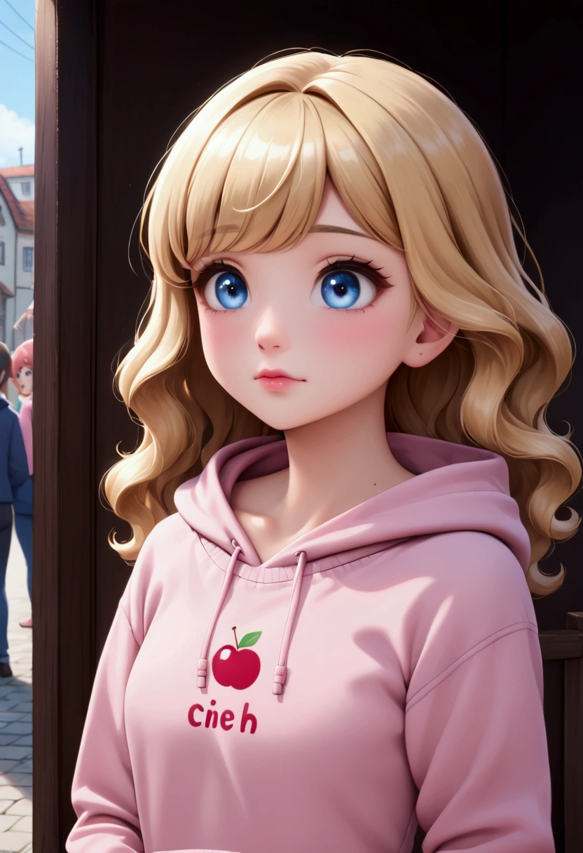 A lively looking 5 year old girl sees cherries in a cherry field. She is a nice girl. He has big eyes and a young face. She has wavy blonde hair with bangs and pretty blue eyes. His cheeks are flushed. She wears a light pink hoodie with a light blue sweater inside with the words cherry. return shot