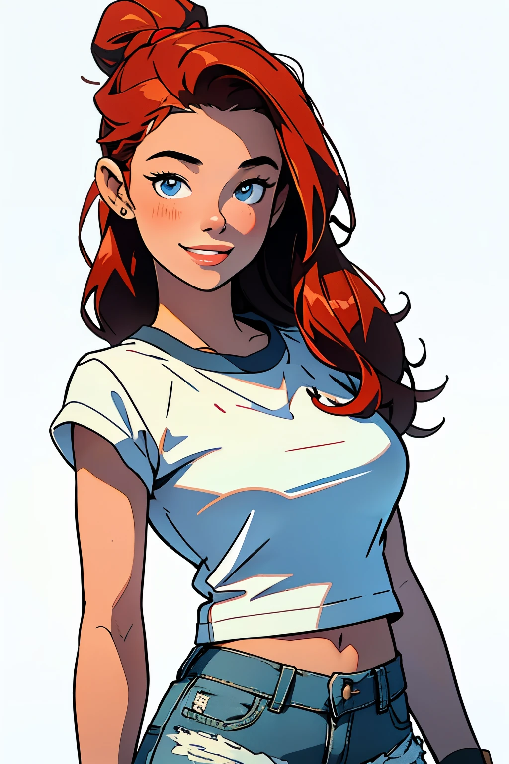 masterpiece, best quality, close up,1girl,the highest image quality, 21-year-old woman, looks like Olivia Dunne, bright red hair, blue eyes, wearing a white graphic tee and denim shorts, smiling, large breasts, White background, empty background