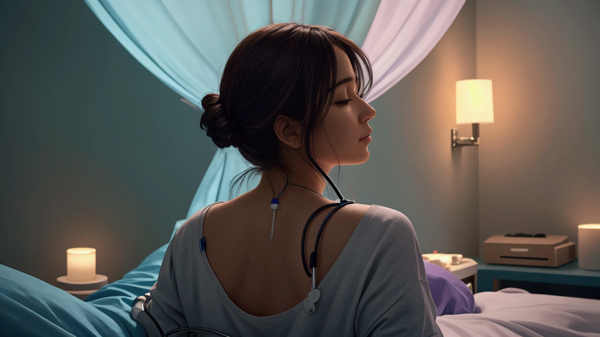 "Description: Depict a scene where an individual is seeking medical care and managing stress through supportive activities. This visual should highlight the importance of addressing both physical and emotional needs.
Details:
Imagery: Show a person in a doctor's office receiving care, along with another scene of them engaging in stress-relief practices like deep breathing, talking with a counselor, or participating in a support group.
Color Scheme: Use soothing colors like soft blues and light purples to create a sense of calm and reassurance.
Background Elements: Include elements like medical equipment, a calming environment, and supportive figures to illustrate both the care and the emotional support involved."