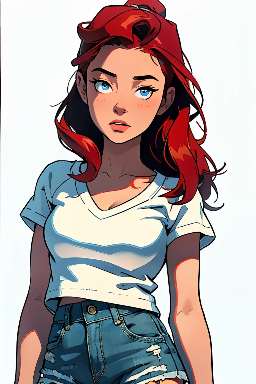 masterpiece, best quality, close up,1girl,the highest image quality, 21-year-old woman, looks like Olivia Dunne, bright red hair, blue eyes, wearing a white graphic tee and denim shorts, angry, large breasts, White background, empty background
