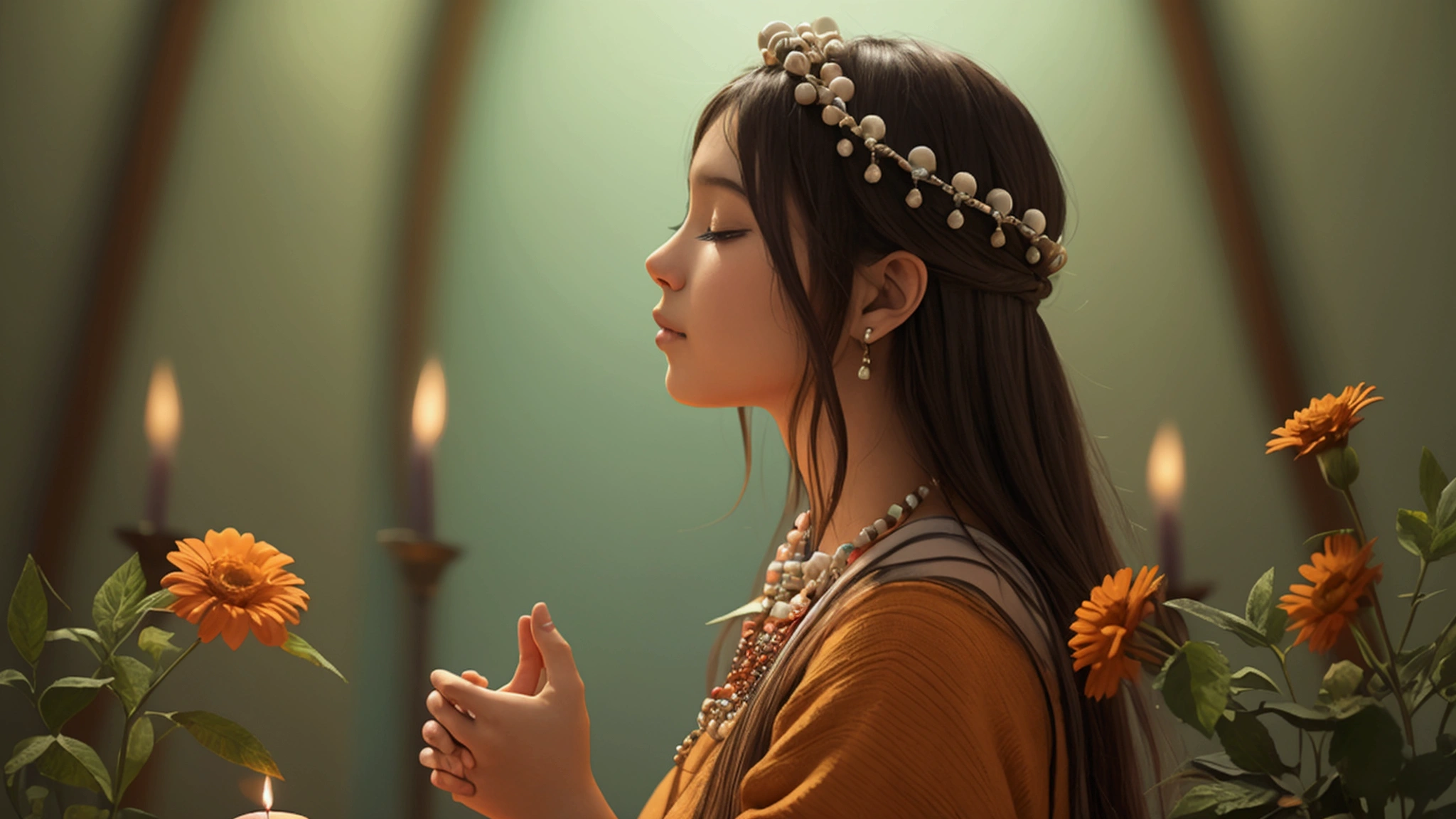 "Description: Illustrate the role of community support and spiritual practices in maintaining well-being. This visual should emphasize the benefits of seeking support and finding solace in spiritual activities.
Details:
Imagery: Show a group of people participating in a support group or a prayer circle, with an atmosphere of encouragement and connection. Depict scenes of individuals engaging in personal or group prayer, meditation, or worship.
Color Scheme: Use warm and inviting colors like soft oranges and earthy tones to evoke a sense of community and spiritual warmth.
Background Elements: Include symbols of community support such as people interacting, a church or group setting, and spiritual symbols like candles or prayer beads."