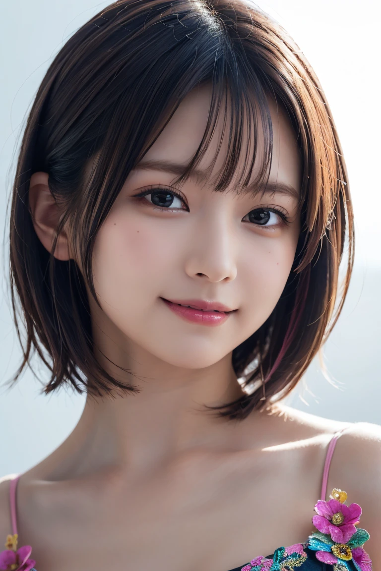 1 girl,(Wearing colorful stage costumes:1.2),Very beautiful Japanese idol portraits,Face close-up,(RAW Photos,Highest quality),(Genuine,Genuineistic:1.4),(masterpiece),Very delicate and beautiful,Very detailed,2k wallpaper,wonderful,In detail,Highly detailed CG Unity 8K wallpapers,Very detailed,High resolution,Soft Light,Beautiful detailed girl,Very detailed eyes and face,Beautiful and sophisticated nose,Beautiful and beautiful eyes,Cinema Lighting,(Simple light color background:1.3),(short hair),(Bob),Complete Anatomy,Slender body,Small breasts,smile,