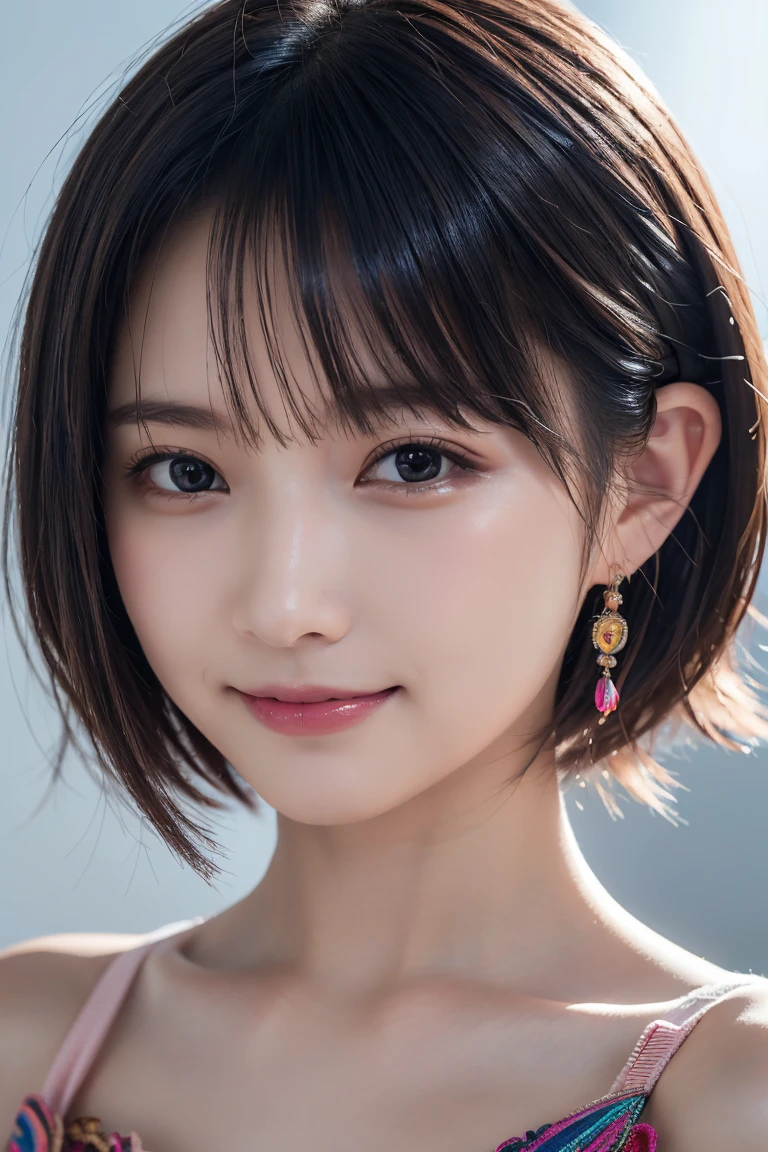 1 girl,(Wearing colorful stage costumes:1.2),Very beautiful Japanese idol portraits,Face close-up,(RAW Photos,Highest quality),(Genuine,Genuineistic:1.4),(masterpiece),Very delicate and beautiful,Very detailed,2k wallpaper,wonderful,In detail,Highly detailed CG Unity 8K wallpapers,Very detailed,High resolution,Soft Light,Beautiful detailed girl,Very detailed eyes and face,Beautiful and sophisticated nose,Beautiful and beautiful eyes,Cinema Lighting,(Simple light color background:1.3),(short hair),(Bob),Complete Anatomy,Slender body,Small breasts,smile,