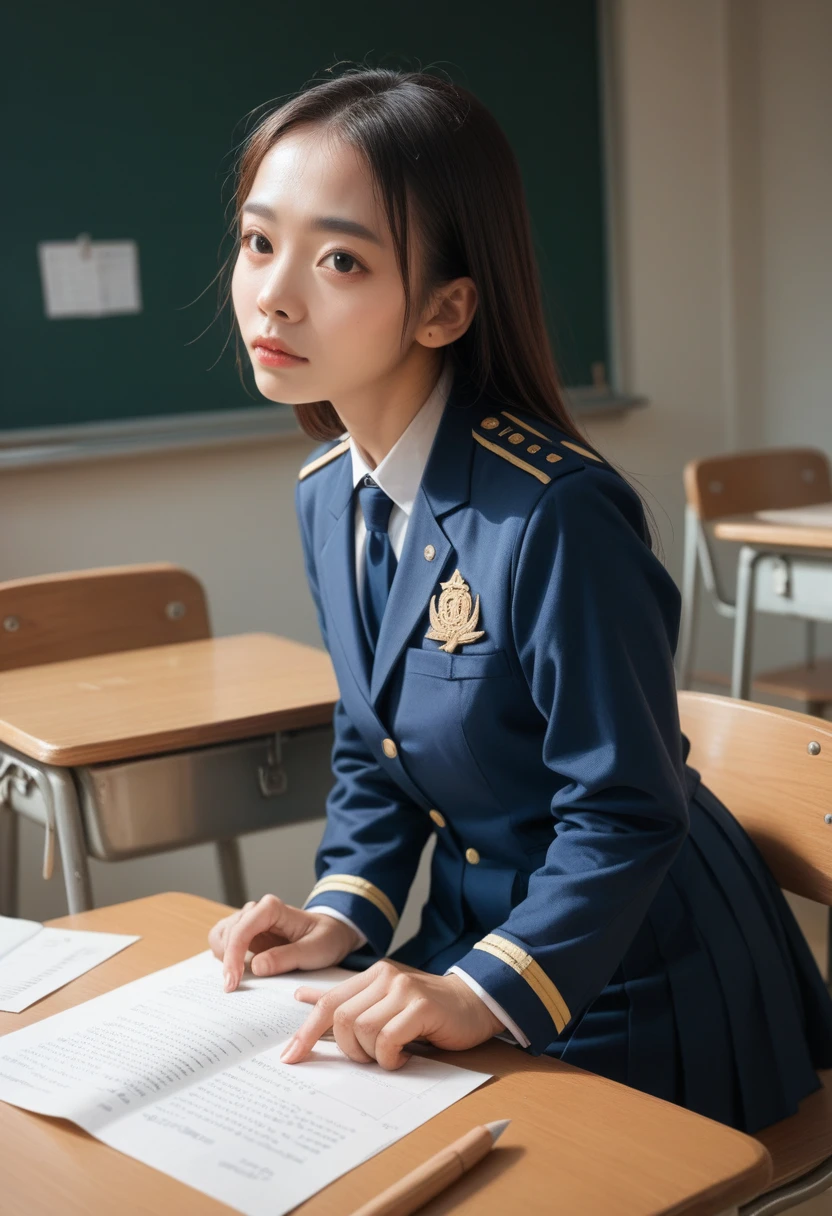 One Chinese, classroom, uniform, of the highest quality, Very detailed, realistic shadows, realistic texture