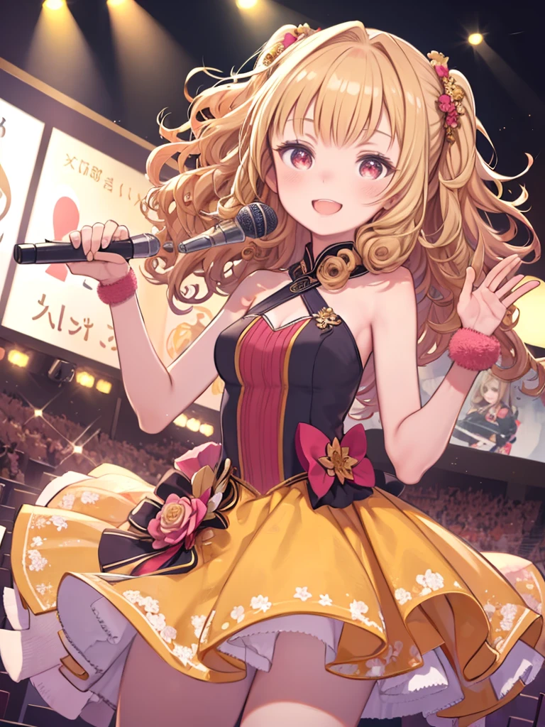 masterpiece, super high quality, One girl, Solo Girl, Light Gold Hair, Red eyes, Round eyes, ((Curly Hair)), Long Hair, smile, Grab the microphone, sing, Music notes, Concert Hall, stage, Idol, Idol outfit, Floral decoration, Pink and Yellow