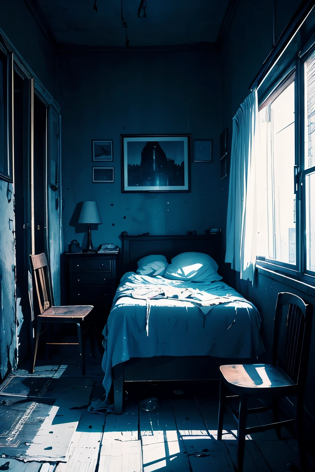 work of art,8k,ultra detali,best qualityer, empty and dark room, feeling of loneliness and poverty, bluish tones, rotten furniture in the room, pictures hanging on the wall, dark bedroom, feeling of sadness and melancholy