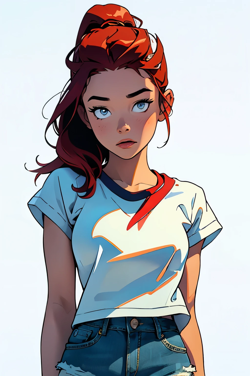 masterpiece, best quality, close up,1girl,the highest image quality, 21-year-old woman, looks like Olivia Dunne, bright red hair, blue eyes, wearing a white graphic tee and denim shorts, angry, large breasts, White background, empty background