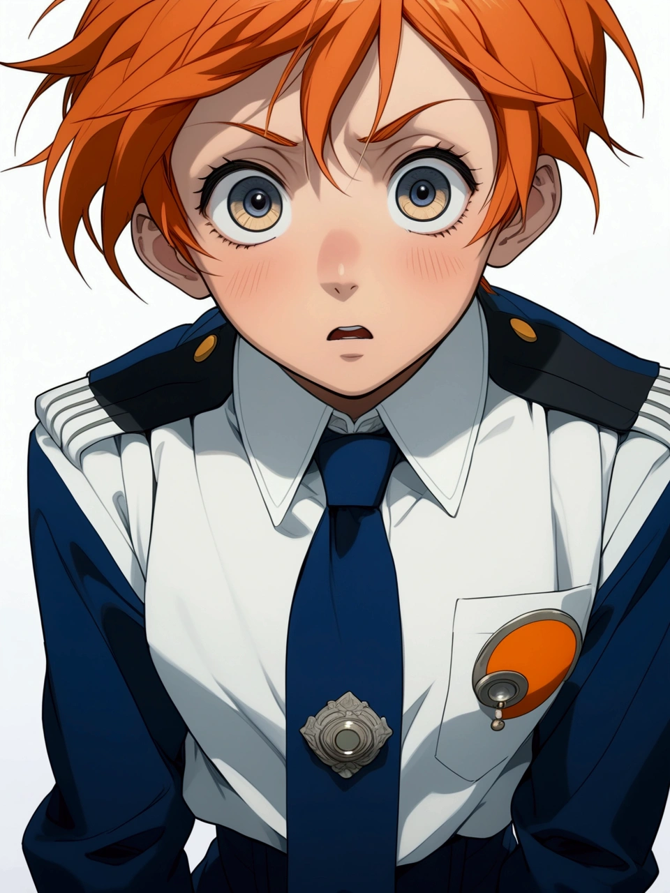 anime character with orange hair wide eyes and a surprised expression wearing a blue uniform with a white collar, masterpiece
