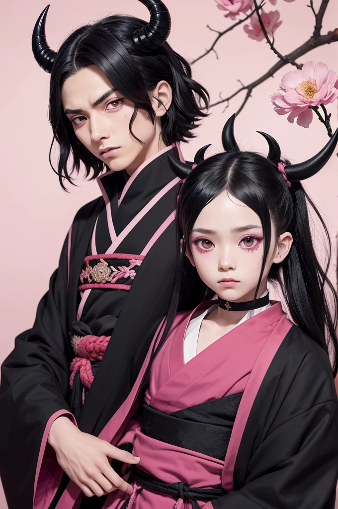 A demon boy from the anime Kimetsu No Yaiba, who has an effeminate face, long black hair, soulful eyes, wearing a damaged pink haori and who has his Kekeijutsu based on flowers.
