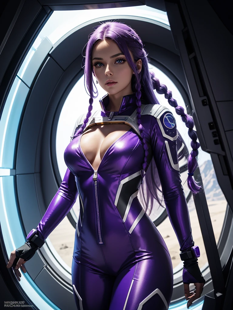 Beautiful Caucasian woman. Slim body. Just a woman. Alone. Western woman. Long hair with 1 braid. Purple hair. Bright purple eyes. Woman cosplaying as an astronaut. Her outfit is a golden astronaut jumpsuit with a large cleavage on her breasts. The woman is in a brightly lit white space station with a futuristic window showing space. The place has several blue holographic monitors. Dynamic light. Dynamic shadows. High resolution. Detailed.