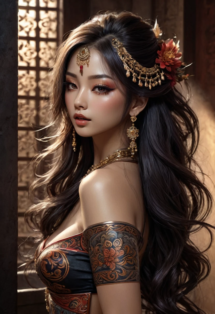a sensual goddess add high definition_detail:1, tribal tattoo add_detail:1, arms stretched against a wall add_detail, lift hips add_detail:1,.perfect body, perfect face add_detail, japanesse tatto art, Back pose, intricate ornate details, beautiful detailed eyes, beautiful detailed lips, extremely detailed face, long eyelashes, ornate jewelry, flowing hair, seductive pose, dramatic lighting, fantasy, dark and moody atmosphere, rich colors, dramatic chiaroscuro, cinematic composition, digital painting, concept art, highly detailed, masterpiece, 8K, hyper realistic