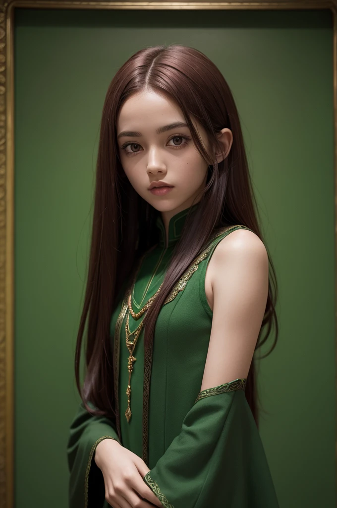  dark brown skin, cherry hair, small and thin with the decoration and background of the Slytherin house, just a girl