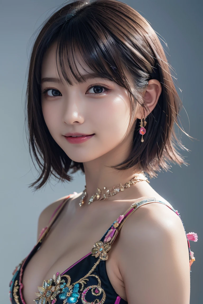 1 girl,(Wearing colorful stage costumes:1.2),Very beautiful Japanese idol portraits,Face close-up,(RAW Photos,Highest quality),(Genuine,Genuineistic:1.4),(masterpiece),Very delicate and beautiful,Very detailed,2k wallpaper,wonderful,In detail,Highly detailed CG Unity 8K wallpapers,Very detailed,High resolution,Soft Light,Beautiful detailed girl,Very detailed eyes and face,Beautiful and sophisticated nose,Beautiful and beautiful eyes,Cinema Lighting,(Simple light color background:1.3),(short hair),(Bob),Complete Anatomy,Slender body,Small breasts,smile,