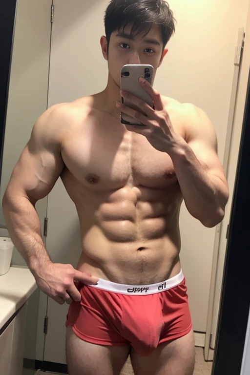Handsome Korean chubby man in his 20s, slightly muscular man, chest muscle development, thigh muscle development, I take a selfie of myself reflected in the mirror., Wearing only boxer shorts, broad shoulders, Fluffy panties