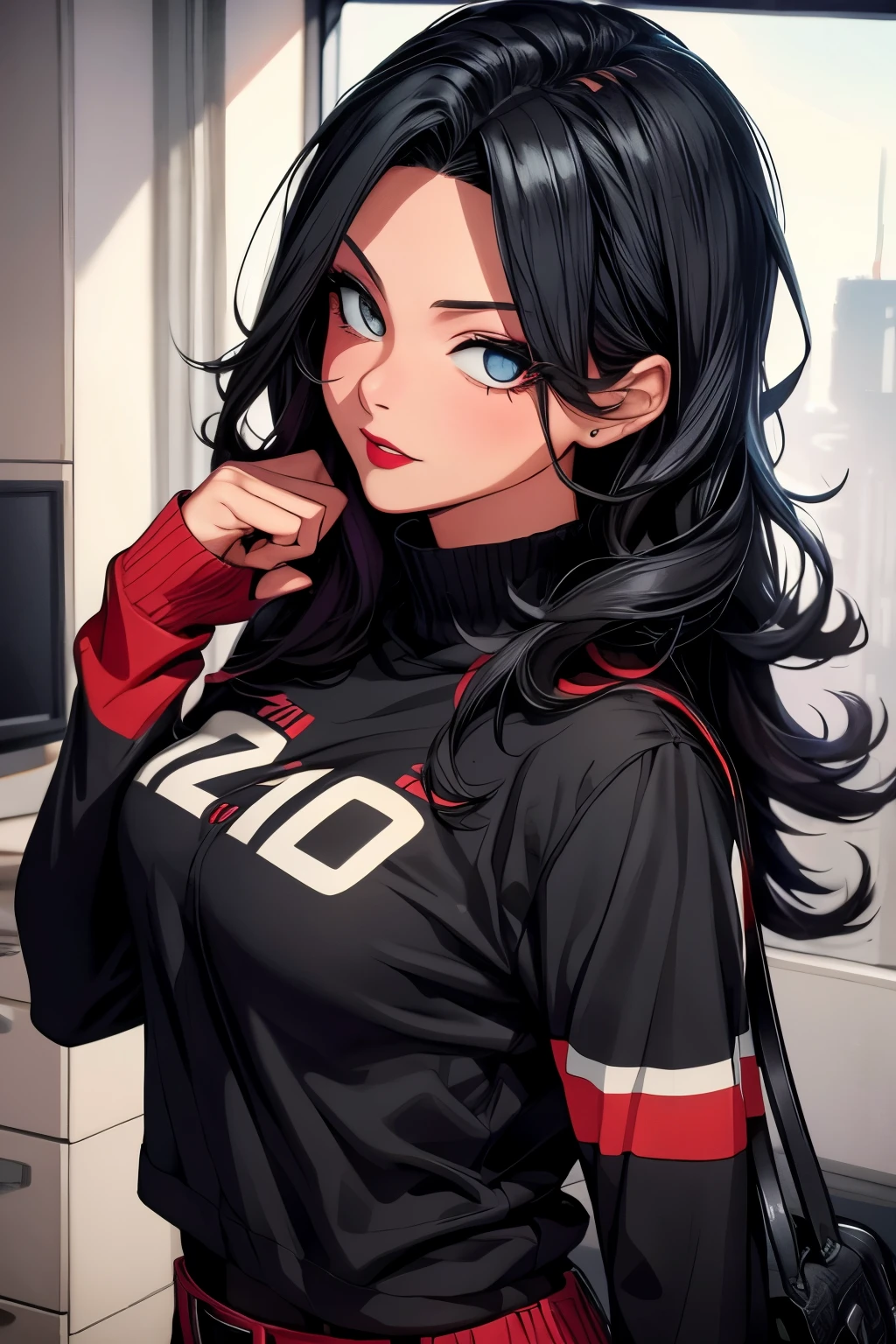 Adult Midnight (My Hero Academia), CG 8k ultra-realista, beautiful woman, empty eyes, seductive eyes, make-up, red lips, casual clothes 