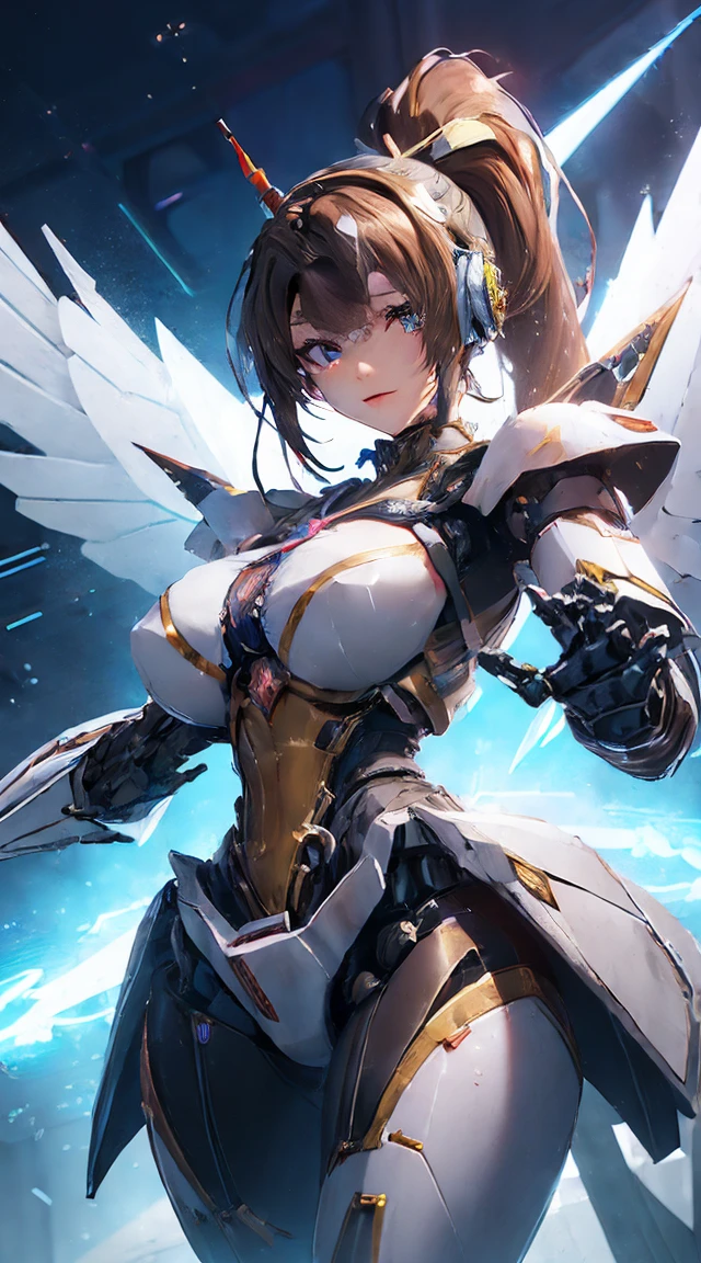 ((ヘッドshot:1.6))、(((Shining lenses on both breasts:1.3)))、((Blue pillars of light are emanating from both chests.:1.3))、(((Dynamic pose:1.8)))、((8k)), ((32K)), ((最high quality)), ((masterpiece)), ((超High resolution)), ((Tmasterpiece)), ((Halation:1.4))、((Mechaニカルheadgear:1.2))、((Cyber Headphones:1.3))Fine skin, high qualityの生地, high qualityな金属の質感、((Beautiful and dense face))、RAW Photos、Professional, Ultra-fine painting, ((alone)), beautiful胸、最high quality, Very detailed, Very detailed詳細, Finer details, とてもbeautiful, ((Princess Knight Robot:1.2)),  (Joints of machines, Mechanical Limbs:1.3), (The internal structure of the machine is exposed:1.3), (High ponytail:1.1), (Beautiful and huge mechanical breasts)、White Veil, cowboy_shot, Side Focus, headgear, Shiny、(Five Fingers, Four fingers and thumb),Concept Art, Anime fantasy artwork, Detailed fantasy art, (Has brown hair and large white wings,), (((High ponytail))), (Mecha:1.6)、Sleek and intimidating design, ((Commander-in-Chief&#39;arm)), (Perfect robot body)、純白と青紫のarmまたは, Symmetrical wings, 8kHigh resolution, Detailed Art, 8kでのキャラクターアートの3Dレンダリング, neat legs, Defined, Defined fingers,((headshot:1.3))、((masterpiece)), ((最high quality)), ((Very detailedなイラスト)), ((Very detailedな背景)), ((Realistic lighting))、Rough skin, Very detailedな, Advanced Details, high quality, 最high quality, High resolution, 1080P, hard disk, beautiful,(War Machine),beautifulサイボーグの女性,Mechaサイボーグ、(((Owns a large mechanical kunai:1.6)))、((attack posture:1.6))、((((Cyber Bed Phone:1.8))))、((機械式headgear:1.6))、(((Android wearing heavy mirror-like mechanical armor:1.2)))、(((High ponytail:1.3)))、((Mai Shiranui:1.5))、(Attack behavior:1.6)、(((Combat Stance:1.6)))、((Throw a punch)) 、1 person、Age 25, Japanese Mature, beautiful指, beautiful長い脚, beautiful体, beautiful鼻, beautifulキャラクターデザイン, Perfect Eyes, Perfect Face, jewelry, hair ornaments, king of fighters,
(Tabletop, 最high qualityの, 最high quality, beautiful and aesthetic: 1.2), Very detailed, More detailed,Proper body balance,Tabletop,超high qualityの出力画像,High resolution,Intricate details,とても繊細でbeautiful髪,Realistic photos,dream-like,Professionalフェッショナル照明,Realistic Shadows,Focus Only,
(Big Breasts:1.2,) ,