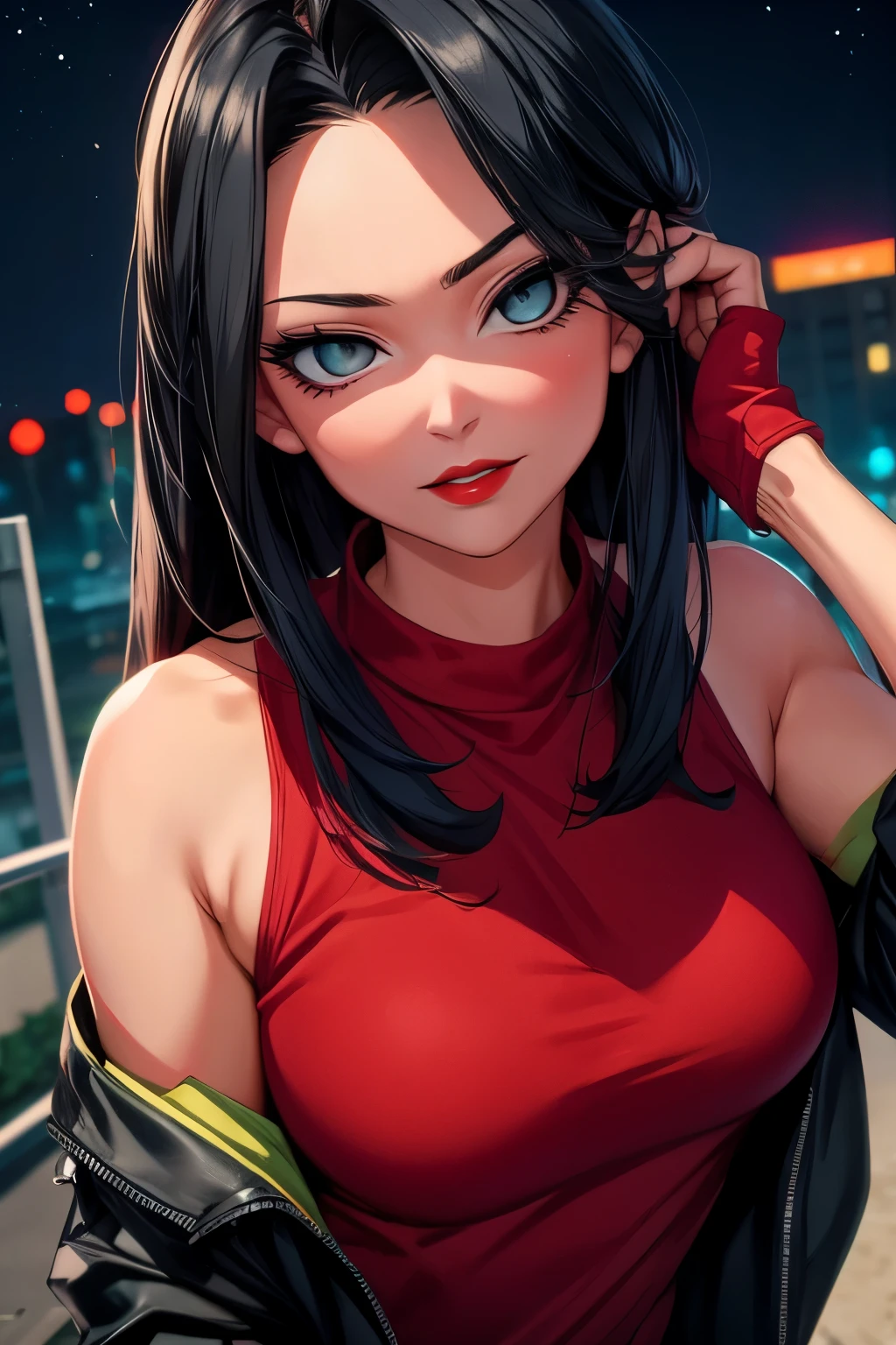 Adult Midnight (My Hero Academia), CG 8k ultra-realista, beautiful woman, empty eyes, seductive eyes, make-up, red lips, casual clothes 