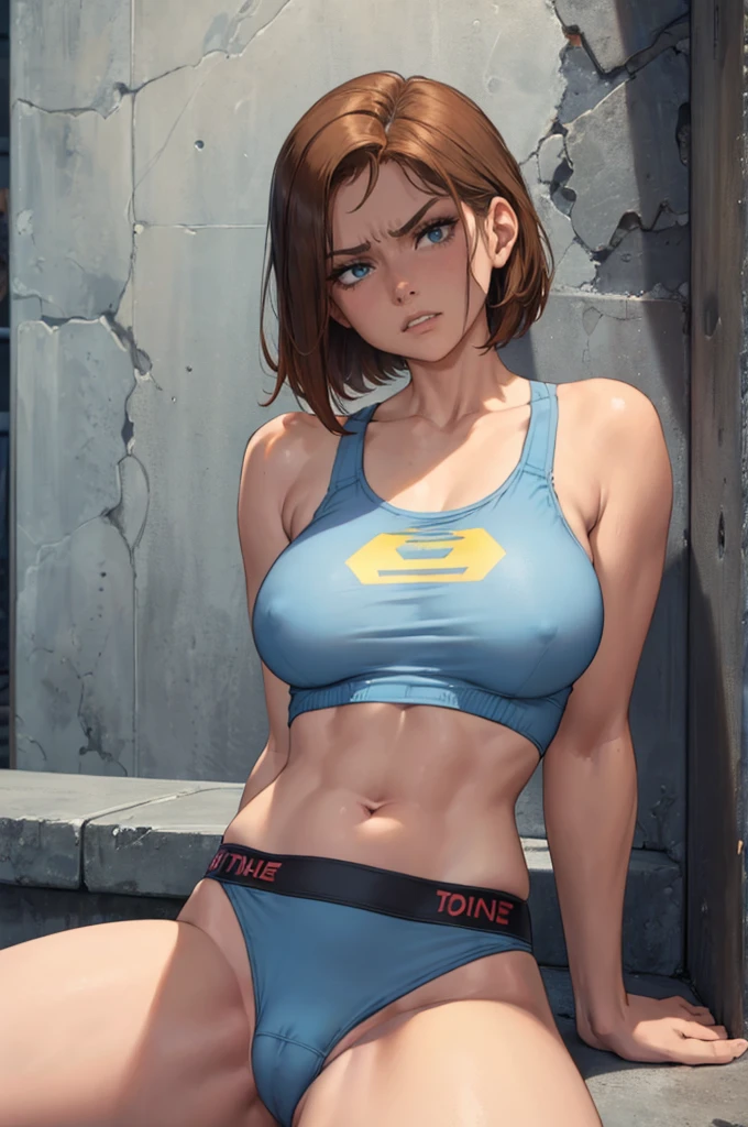 masterpiece, best quality, claire, claire redfield, resident evil 1girl, solo, brown hair, shorty hair ((((wearing, sport top, boxer underwear)))), sitting, warm lighting, (fractal art: 1.3), colorful, highest detailed, (((perfect face, clenching teeth, annoyed, head tilt, looking to the side))), upper body, HDR, gigantic breasts, bare breasts, arms at side, arms behind back, Detailed face, Detailed blue eyes, Detailed face, blue eyes, perfect eyes, perfect face, nude, spreading legs, presenting, legs spread apart, on the night, warm ilumination, concrete wall background