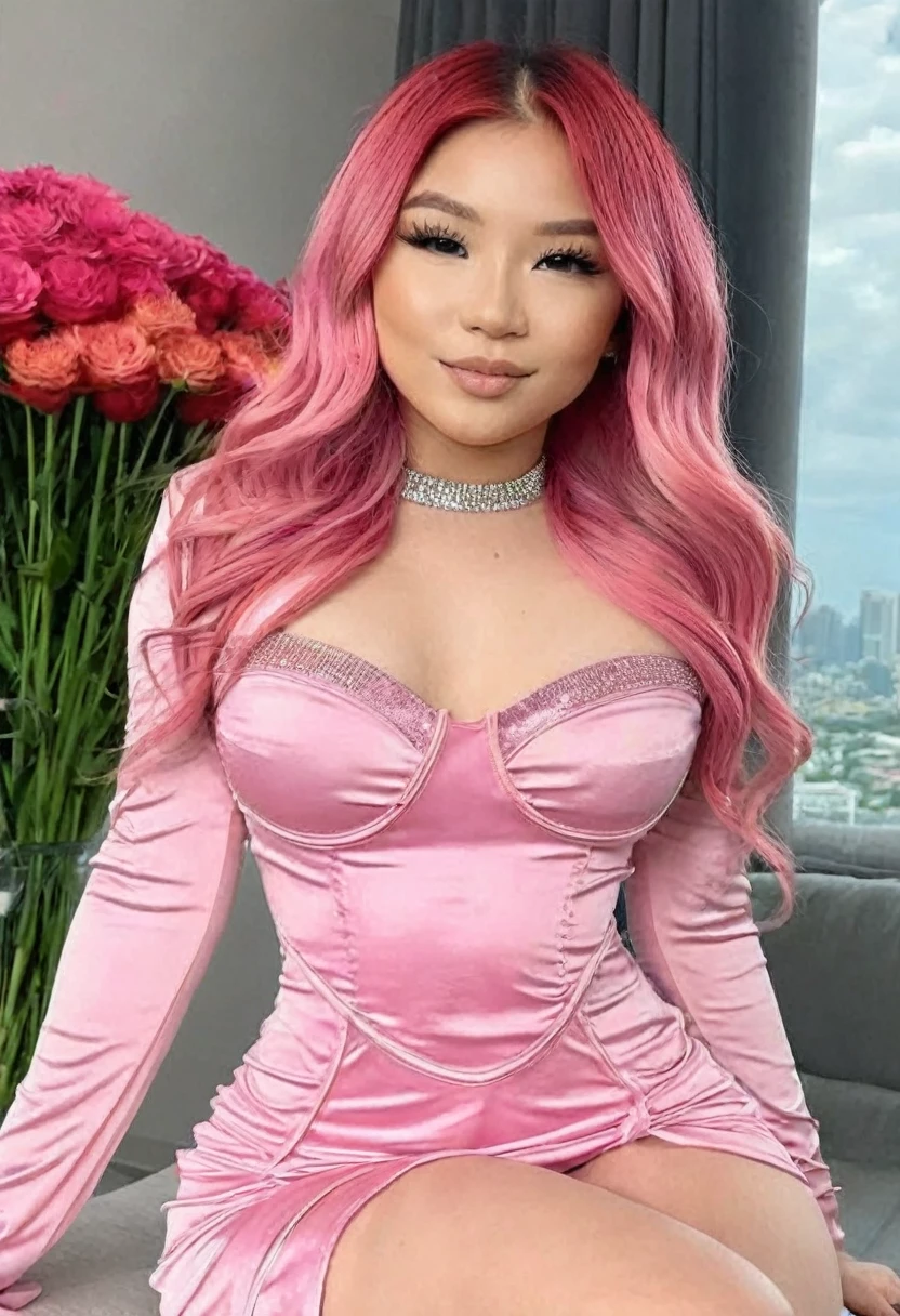 ((high quality:1.2)), (8k), extremely detailed, ((High detail:1.2)), ((best resolution:1.4)), (HotLexi), (Kenzie Reeves with pink hair), Solo, ((24 years old Vietnamese female:1.45)), ((dress)), (perfect hot body, thick thighs), (standing),