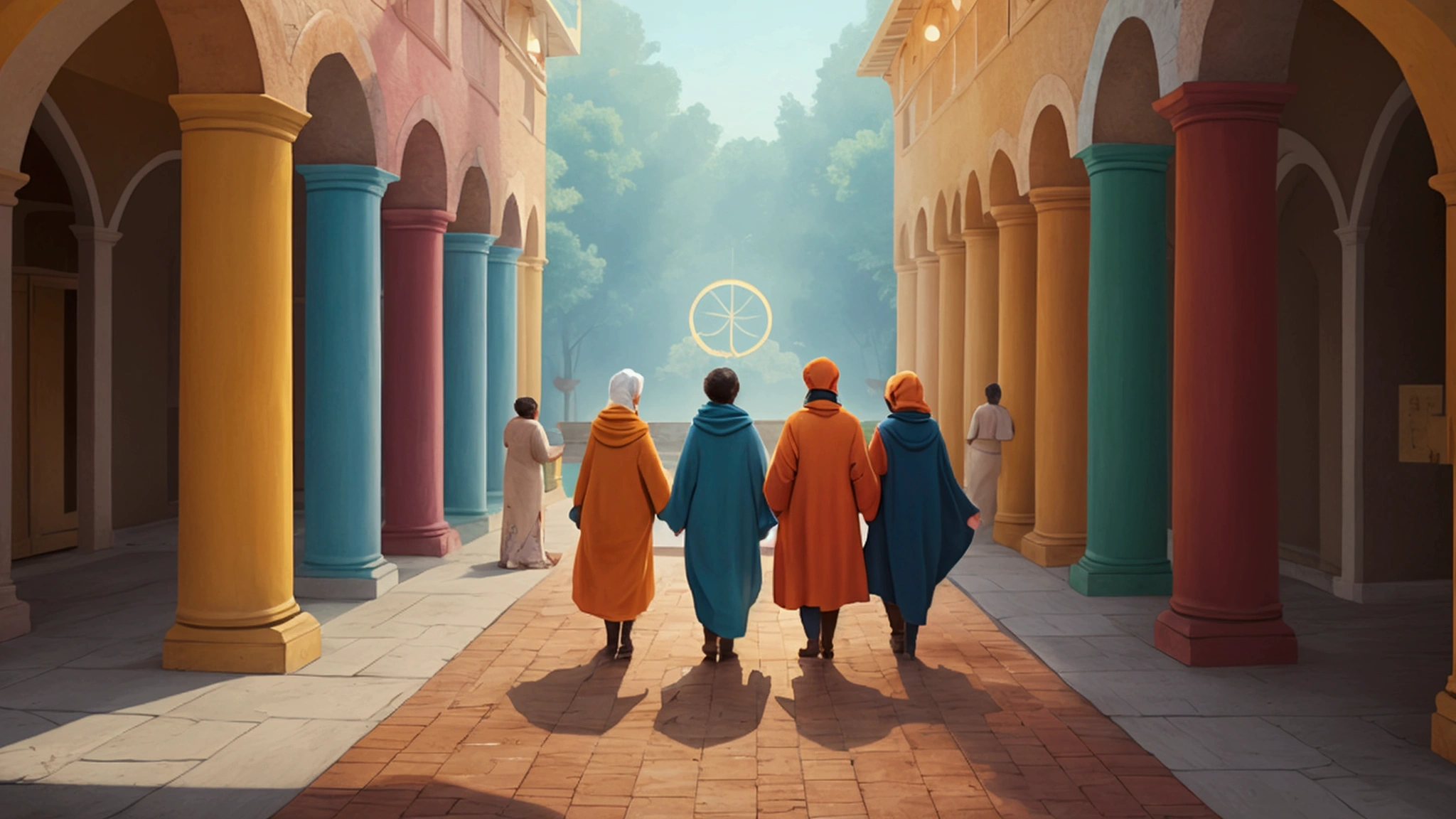 "Description: Illustrate a supportive community that provides encouragement and shares in the hope and perseverance of its members. This visual should highlight the role of collective strength and encouragement.
Details:
Imagery: Show a group of people supporting each other, perhaps in a circle of prayer or sharing uplifting words. They could be depicted in a warm, supportive environment, with each person displaying a sense of peace and hope.
Color Scheme: Use warm, inclusive colors like soft oranges and warm browns to create a sense of community and support.
Background Elements: Incorporate elements of fellowship and encouragement such as hands reaching out, comforting gestures, and shared symbols of faith and hope."