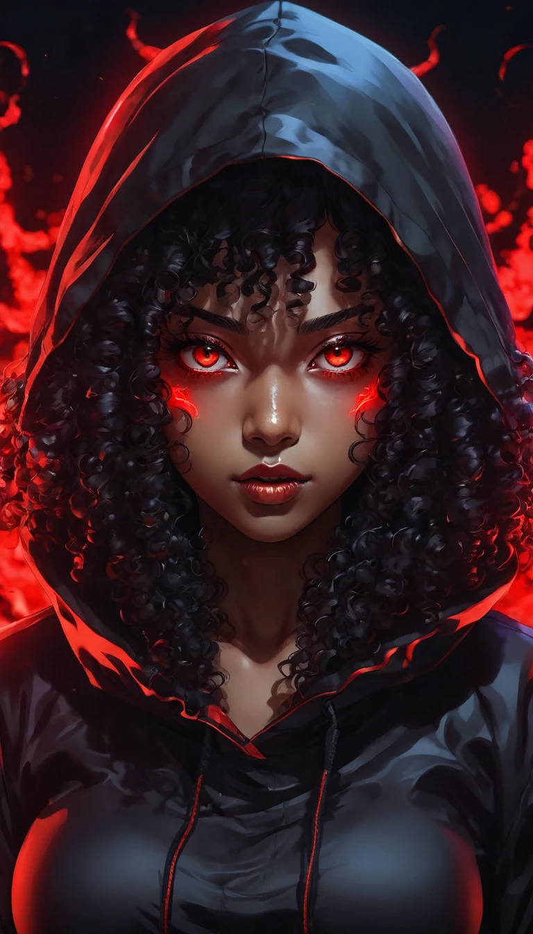 an Afro-descendant woman with long curly hair and red eyes wearing a black hood, anime foda 8k, 4K anime-style, com eerie glowing red eyes, com eerie glowing red eyes, 4k anime wallpaper, 4k anime wallpaper, 4k anime wallpaper, 4k anime art wallpaper, 8K anime art wallpaper, 4k anime art wallpaper, eerie glowing red eyes, demon anime girl