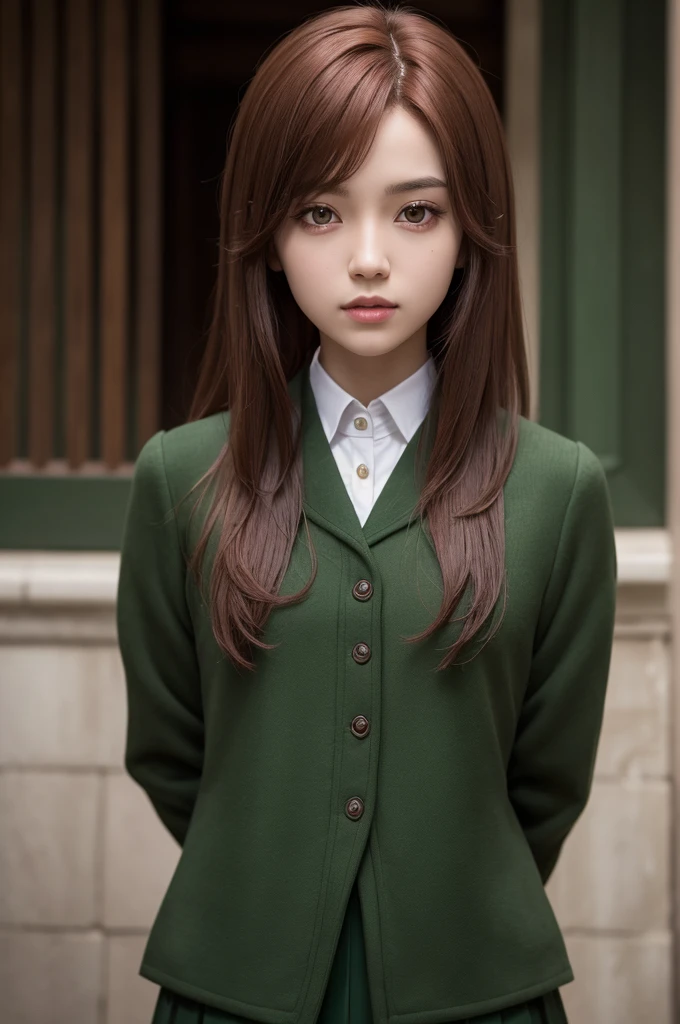  thin with medium cherry hair, medium short, brown skin color, brown eyes, Slytherin house outfit, Slytherin house without being white 