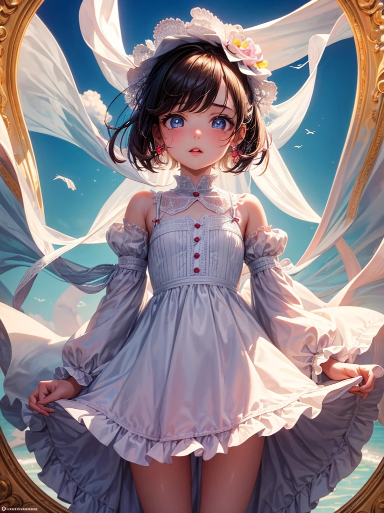 10 year old girl underwear, Realistic bloomers made from patterned cotton fabric, Medieval one-piece dress with panniers, Fabric Realism, Low - Angle, I see bloomers, Pull up the dress by hand, Strong winds, Translucent slip, Translucent slip, tights, Highest quality, Crotch close-up, whole body