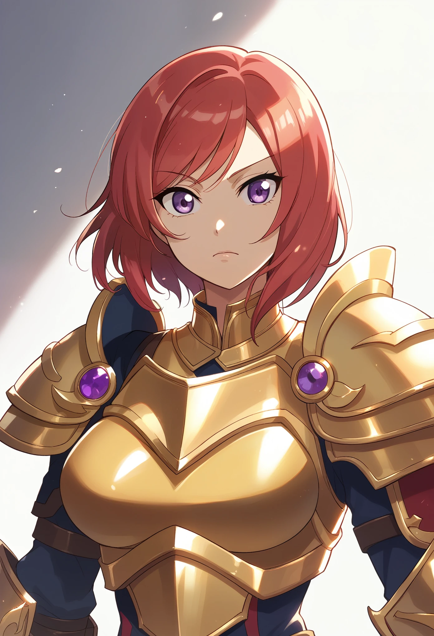 Nishikino maki, Purple eyes, red hair, short hair,(armor:1.2),Golden Armor , llchar,  upper body,solo, face close up,big breasts