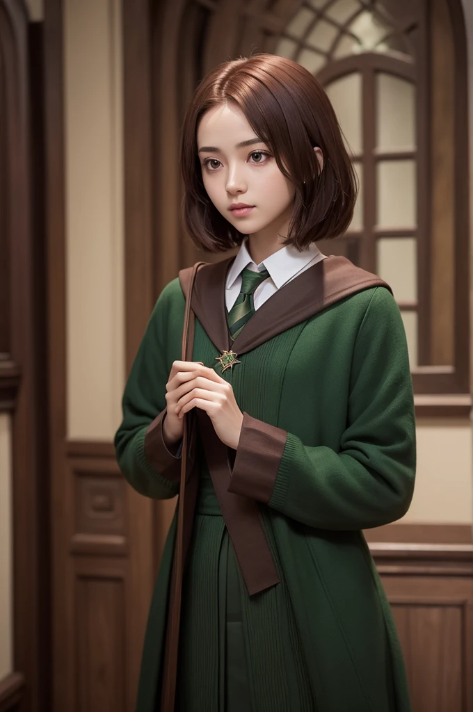 thin with medium cherry hair, medium short, brown skin color, brown eyes, Slytherin house outfit, Slytherin house without being white