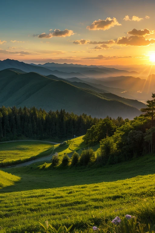 Mountain、green、sunset