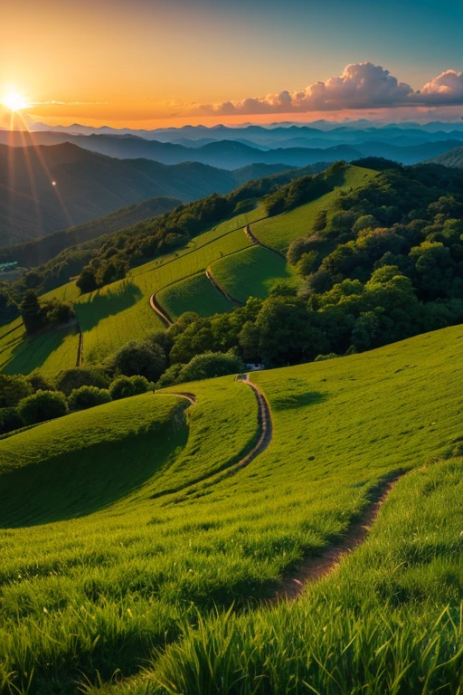 Mountain、green、sunset