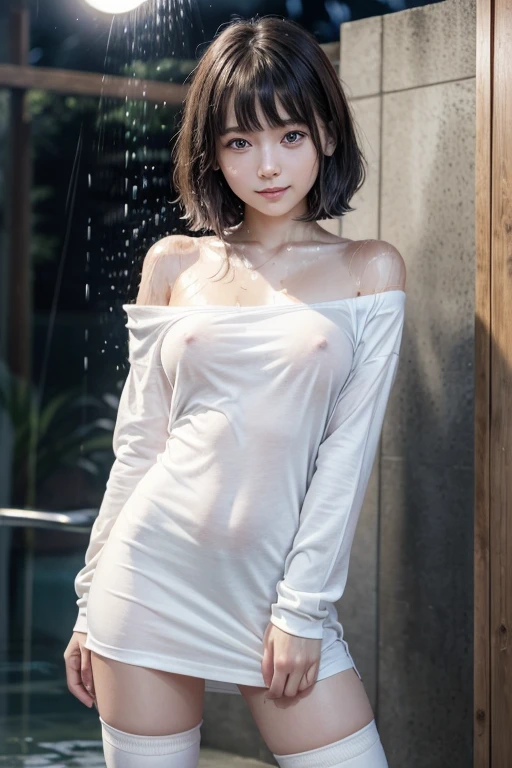 high quality, detailed,she is taking a shower,lots of water droplets.(at night:2.0),blue eyes.she is  japanese gal,standing prostitute,in the shower room,she has a mole under her eye,very small breasts,(wearing long sleeve white oversized t-shirt dress,offshoulder,very very wet thin fabric shirt,),blunt bangs,((bob hair)),huge smile,((wearing overknee socks)),slender,face up,nipples,temptation,