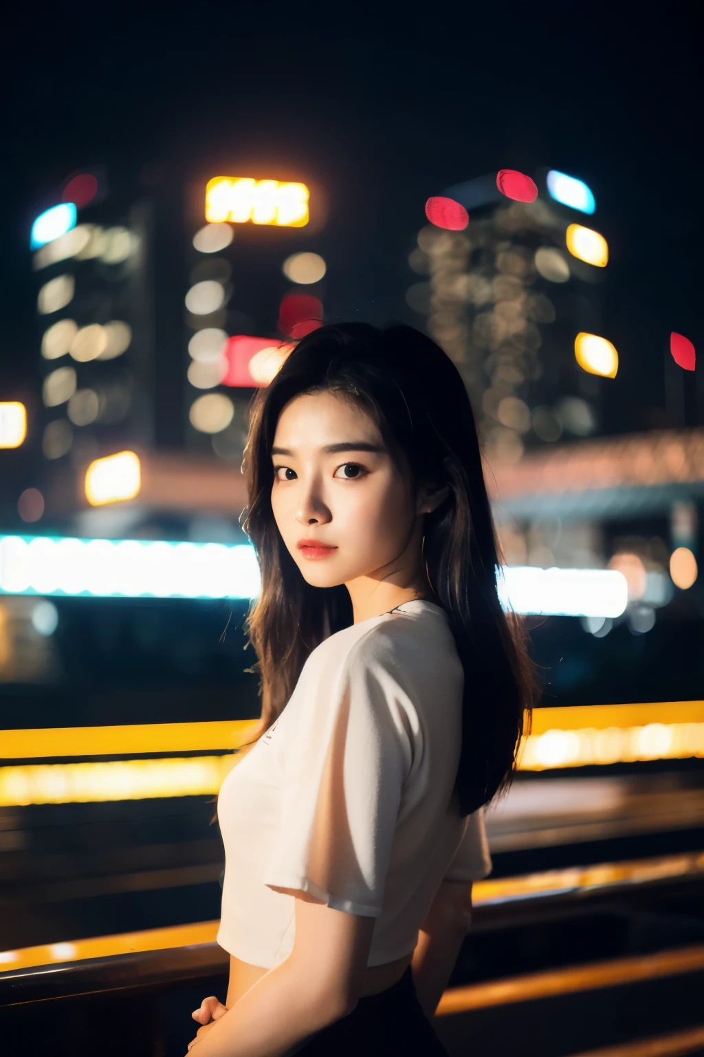 (Cinematic aesthetics:1.4) Photo of beautiful Korean model bokeh city night